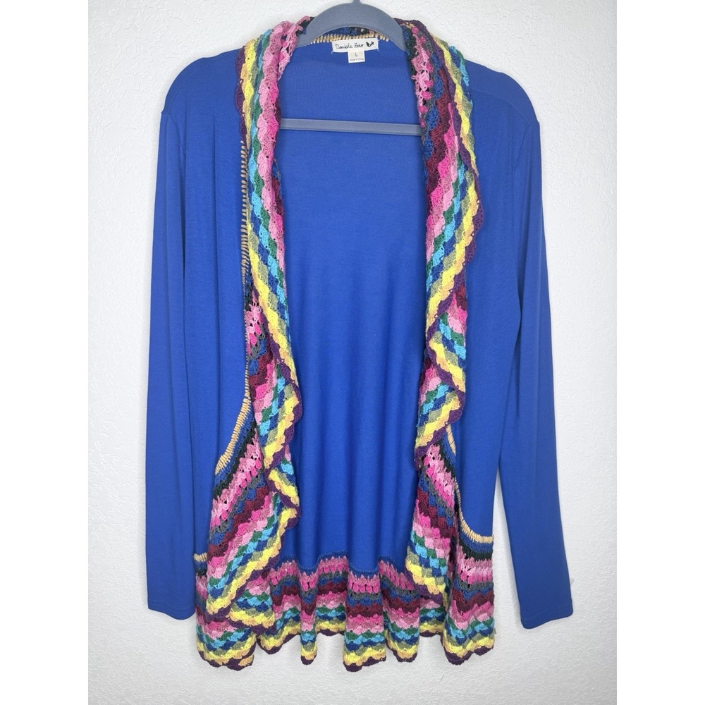 Crochet Trim Cardigan‎ Womens L Blue Rainbow Open Front Knit Sweater Festival